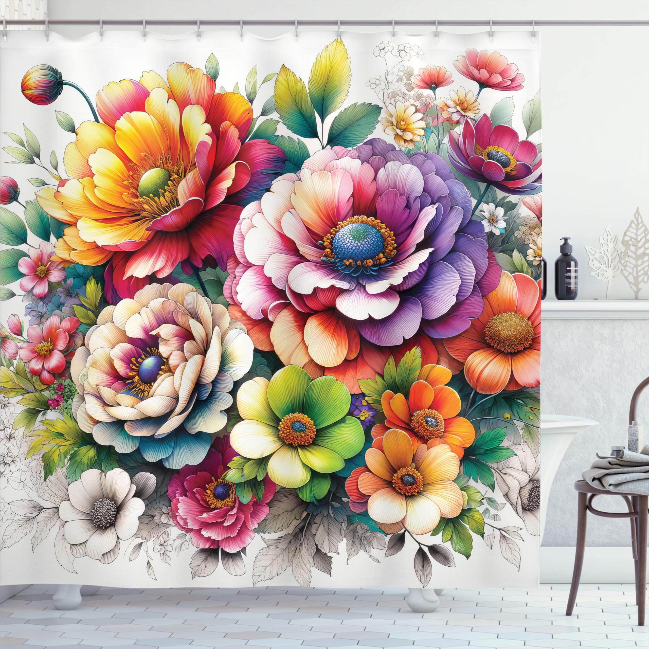 Ambesonne Colorful Shower Curtain, Springtime Huddle Of Peony Flowers With Jungle Boho Manners Chill Vibe, Cloth Fabric Bathroom